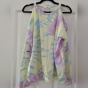 Dress Up Cold-Shoulder Tie-Dye Pullover Sweatshirt - Pastel Yellow/Blue/Purple